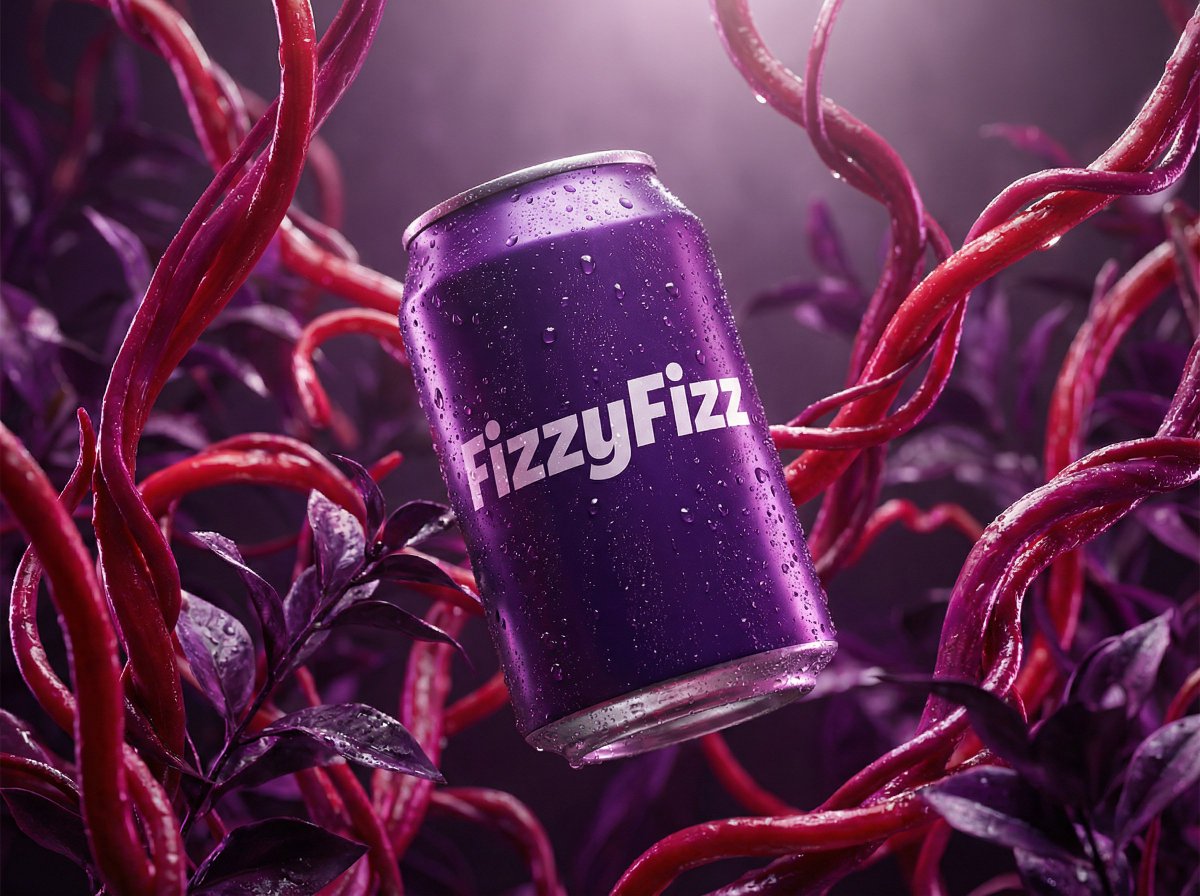 Surreal Product Shot Prompt: Purple Beverage Can with Organic Tendrils 1