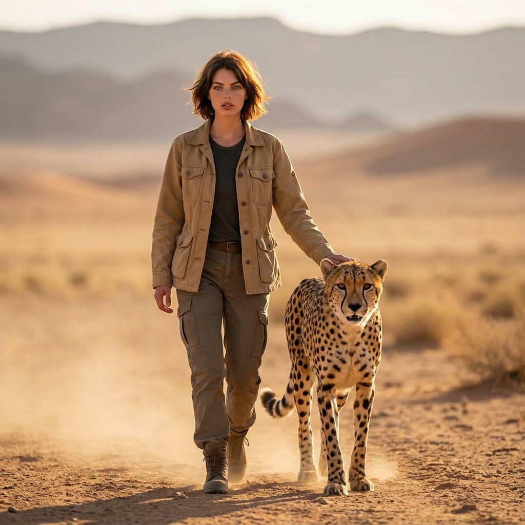 Golden Hour Desert Photo of Woman and Cheetah 1